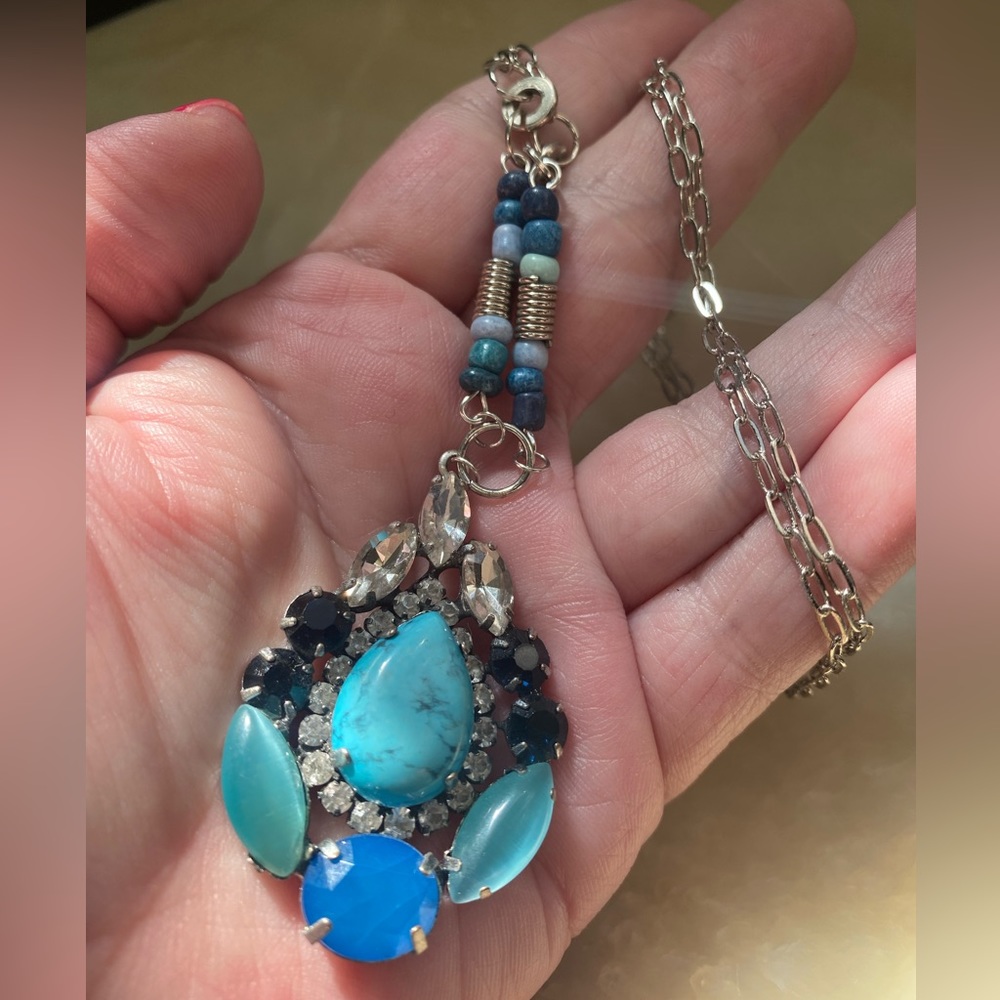 Boho beauty large crystal rock look blue beading long sweater chain necklace